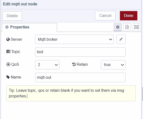 Screenshot of the mqtt-out node configuration "Screenshot of the mqtt-out node configuration"