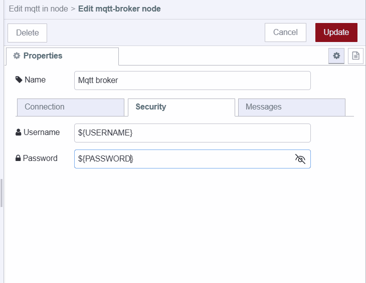 Screenshot of mqtt broker config node's security tab "Screenshot of mqtt broker config node's security tab"