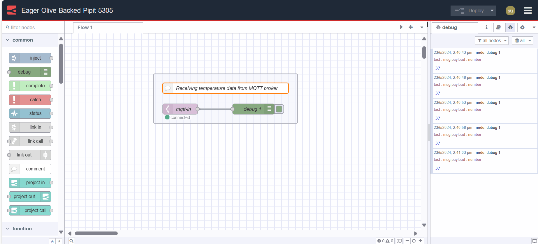 Screenshot of sencod Node-RED instance editor in which temperature data is receving from mqtt broker "Screenshot of sencod Node-RED instance editor in which temperature data is receving from mqtt broker"